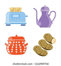 Set of 4 vector icons such as Toaster, Teapot, Pot, Potatoes, web UI editable icon pack, pixel perfect