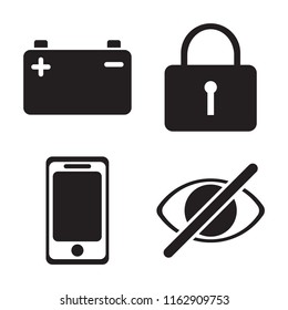 Set of 4 vector icons such as Battery, Locked, Smartphone, Hide, web UI editable icon pack, pixel perfect