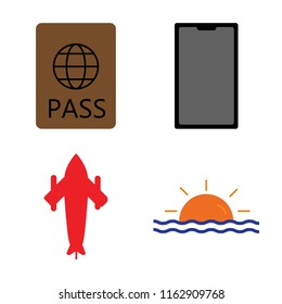 Set of 4 vector icons such as Passport, Phone, Airplane, Sunset, web UI editable icon pack, pixel perfect