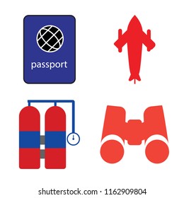 Set of 4 vector icons such as Passport, Airplane, Aqualung, Binoculars, web UI editable icon pack, pixel perfect