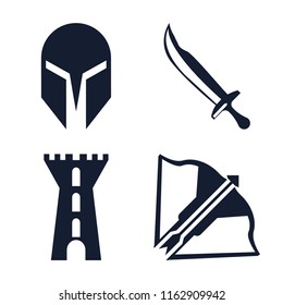 Set of 4 vector icons such as Helmet, Sword, Tower, Crossbow, web UI editable icon pack, pixel perfect