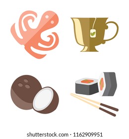 Set of 4 vector icons such as Octopus, Tea, Coconut, Sushi, web UI editable icon pack, pixel perfect