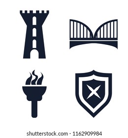 Set of 4 vector icons such as Tower, Bridge, Torch, Shield, web UI editable icon pack, pixel perfect