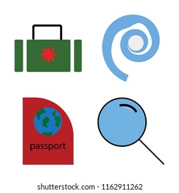 Set of 4 vector icons such as Suitcase, Seashell, Passport, Search, web UI editable icon pack, pixel perfect