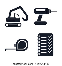 Set of 4 vector icons such as Digger, Drill, Measuring tape, Planning, web UI editable icon pack, pixel perfect