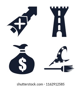 Set of 4 vector icons such as Lance, Tower, Money bag, Witch, web UI editable icon pack, pixel perfect