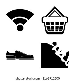 Set of 4 vector icons such as Wifi, Shopping basket, Shoes, Falling rocks, web UI editable icon pack, pixel perfect
