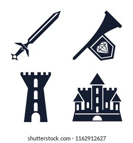 Set of 4 vector icons such as Sword, Fanfare, Tower, Castle, web UI editable icon pack, pixel perfect
