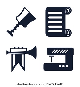Set of 4 vector icons such as Cup, Scroll, Fanfare, Sewing machine, web UI editable icon pack, pixel perfect