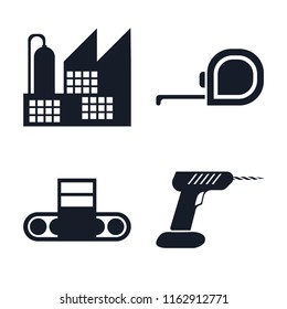 Set of 4 vector icons such as Factory, Measuring tape, Conveyor, Drill, web UI editable icon pack, pixel perfect