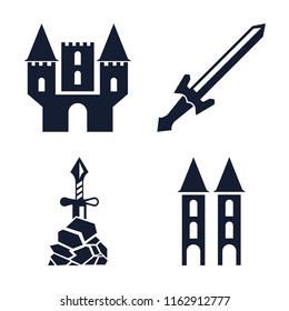 Set of 4 vector icons such as Castle, Sword, Excalibur, Tower, web UI editable icon pack, pixel perfect