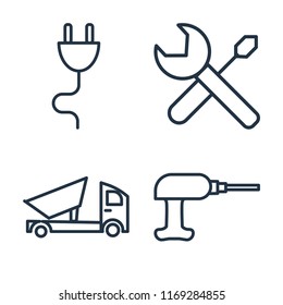 Set of 4 vector icons such as Plug, Screwdriver, Dumper, Driller, web UI editable icon pack, pixel perfect