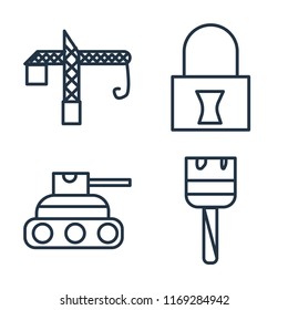 Set of 4 vector icons such as Crane, Padlock, Tank, Paint brush, web UI editable icon pack, pixel perfect