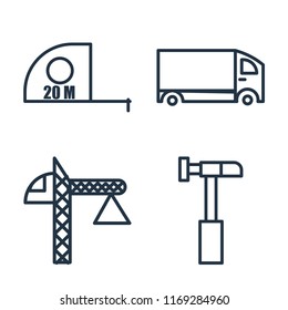 Set of 4 vector icons such as Measuring tape, Delivery truck, Crane, Hammer, web UI editable icon pack, pixel perfect