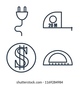 Set of 4 vector icons such as Plug, Measuring tape, Money, Protractor, web UI editable icon pack, pixel perfect