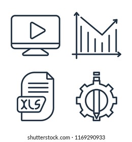 Set of 4 vector icons such as Video player, Statistics, Xls, De, web UI editable icon pack, pixel perfect