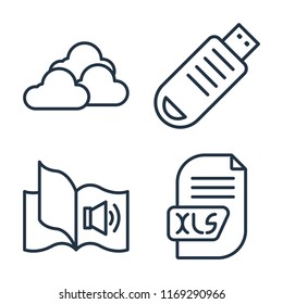 Set of 4 vector icons such as Cloud, Pendrive, Audiobook, Xls, web UI editable icon pack, pixel perfect