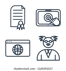 Set of 4 vector icons such as Certificate, Touchscreen, Browser, Professor, web UI editable icon pack, pixel perfect