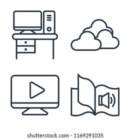 Set of 4 vector icons such as Desk, Cloud, Video player, Audiobook, web UI editable icon pack, pixel perfect