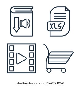 Set of 4 vector icons such as Audiobook, Xls, Video player, Shopping cart, web UI editable icon pack, pixel perfect