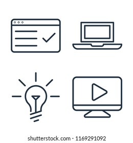 Set of 4 vector icons such as Test, Laptop, Idea, Video player, web UI editable icon pack, pixel perfect