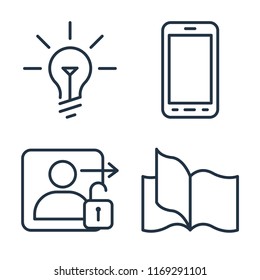 Set of 4 vector icons such as Idea, Smartphone, Login, Book, web UI editable icon pack, pixel perfect