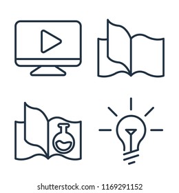 Set of 4 vector icons such as Video player, Book, Science book, Idea, web UI editable icon pack, pixel perfect