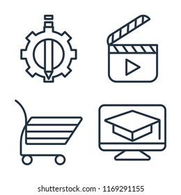 Set of 4 vector icons such as De, Video player, Shopping cart, Learning, web UI editable icon pack, pixel perfect