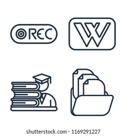 Set of 4 vector icons such as Record, Wikipedia, Student, Folder, web UI editable icon pack, pixel perfect