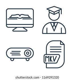 Set of 4 vector icons such as Ebook, Student, Projector, Mkv, web UI editable icon pack, pixel perfect