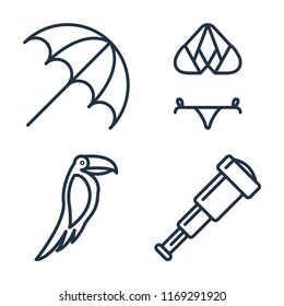 Set of 4 vector icons such as Sun umbrella, Bikini, Toucan, Spyglass, web UI editable icon pack, pixel perfect