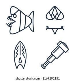 Set of 4 vector icons such as Fish, Bikini, Surfboard, Spyglass, web UI editable icon pack, pixel perfect