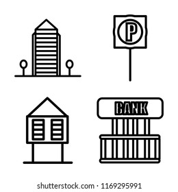 Set of 4 vector icons such as Aparment, Parking, Hut, Bank, web UI editable icon pack, pixel perfect