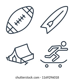 Set of 4 vector icons such as Rugby ball, Surfboard, Camping tent, Skateboarding, web UI editable icon pack, pixel perfect