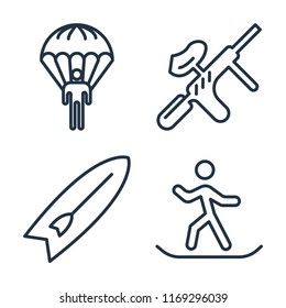 Set of 4 vector icons such as Parachuting, Paintball, Surfboard, Snowboarding, web UI editable icon pack, pixel perfect