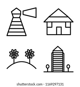 Set of 4 vector icons such as Lighthouse, Bungalow, Flowers, Aparment, web UI editable icon pack, pixel perfect