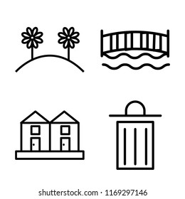 Set of 4 vector icons such as Flowers, Bridge, Terraced Houses, Trash, web UI editable icon pack, pixel perfect