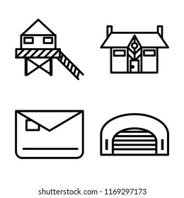 Set of 4 vector icons such as Stilt Home, Mansion, Mailbox, Hangar, web UI editable icon pack, pixel perfect