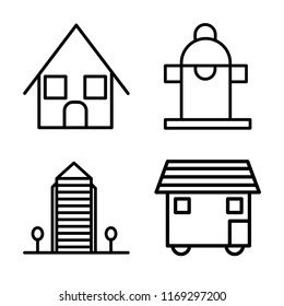 Set of 4 vector icons such as Bungalow, Hydrant, Aparment, House On Wheels, web UI editable icon pack, pixel perfect