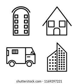 Set of 4 vector icons such as Building, Bungalow, Truck, Aparment, web UI editable icon pack, pixel perfect