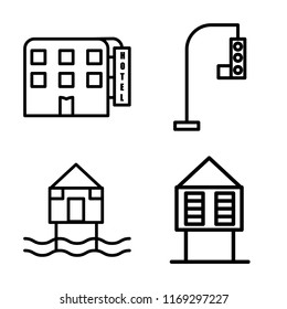 Set of 4 vector icons such as Motel, Traffic light, Beach Hut, web UI editable icon pack, pixel perfect
