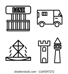 Set of 4 vector icons such as Bank, Truck, Fountain, Castle, web UI editable icon pack, pixel perfect