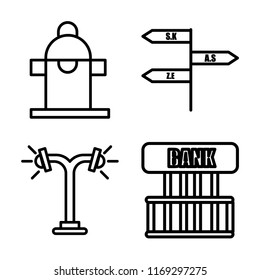 Set of 4 vector icons such as Hydrant, , Street lamp, Bank, web UI editable icon pack, pixel perfect