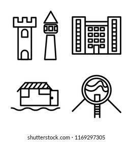Set of 4 vector icons such as Castle, Flash Apartment, Houseboat, Future House, web UI editable icon pack, pixel perfect