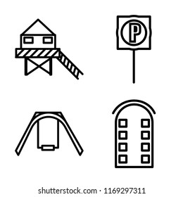 Set of 4 vector icons such as Stilt Home, Parking, Swing, Building, web UI editable icon pack, pixel perfect