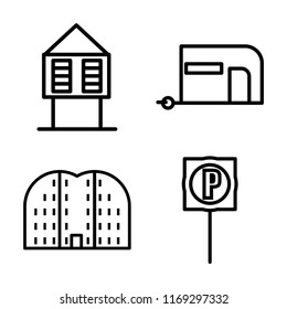 Set of 4 vector icons such as Hut, Caravan, Buildings, Parking, web UI editable icon pack, pixel perfect