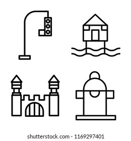 Set of 4 vector icons such as Traffic light, Beach Hut, Mansion, Hydrant, web UI editable icon pack, pixel perfect