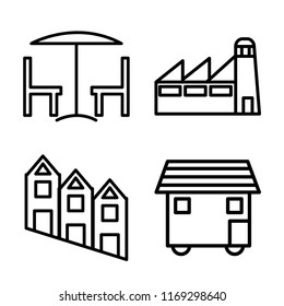 Set of 4 vector icons such as Chair and table, Factory, Townhouse, House On Wheels, web UI editable icon pack, pixel perfect