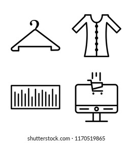 Set of 4 vector icons such as Hanger, Dress, Bar code, Ecommerce, web UI editable icon pack, pixel perfect