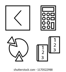Set of 4 vector icons such as Is less than, Calculator, Pie chart, Math book, web UI editable icon pack, pixel perfect